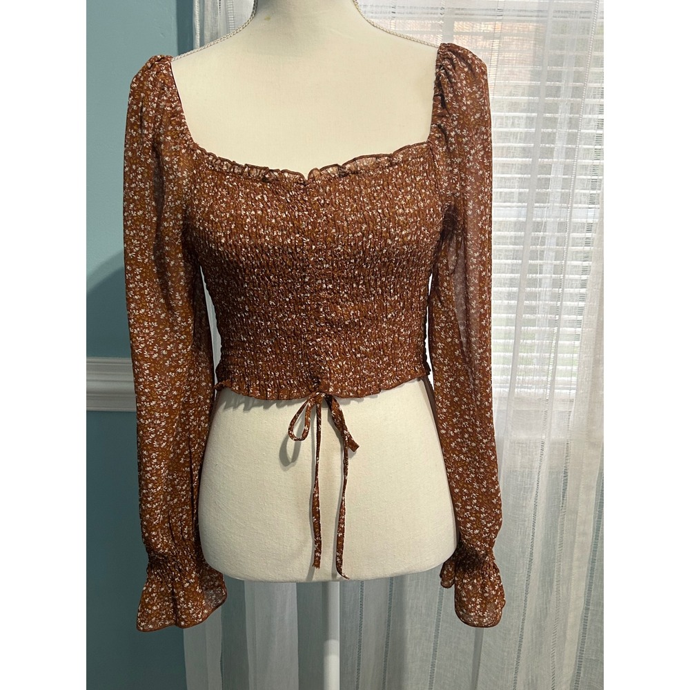 Papaya Womens Rust Brown Floral Smocked Crop Top Long Sleeve Square Neck Medium